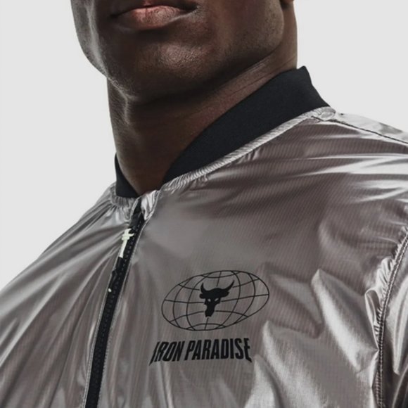 Under Armour Project Rock Men's Iron Paradise Silver Disrupt Bomber Jacket 3XL - Picture 3 of 10